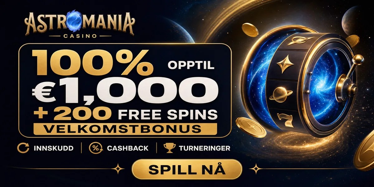 Welcome bonus promotion banner for Astromania Casino online casino, localized for NO.