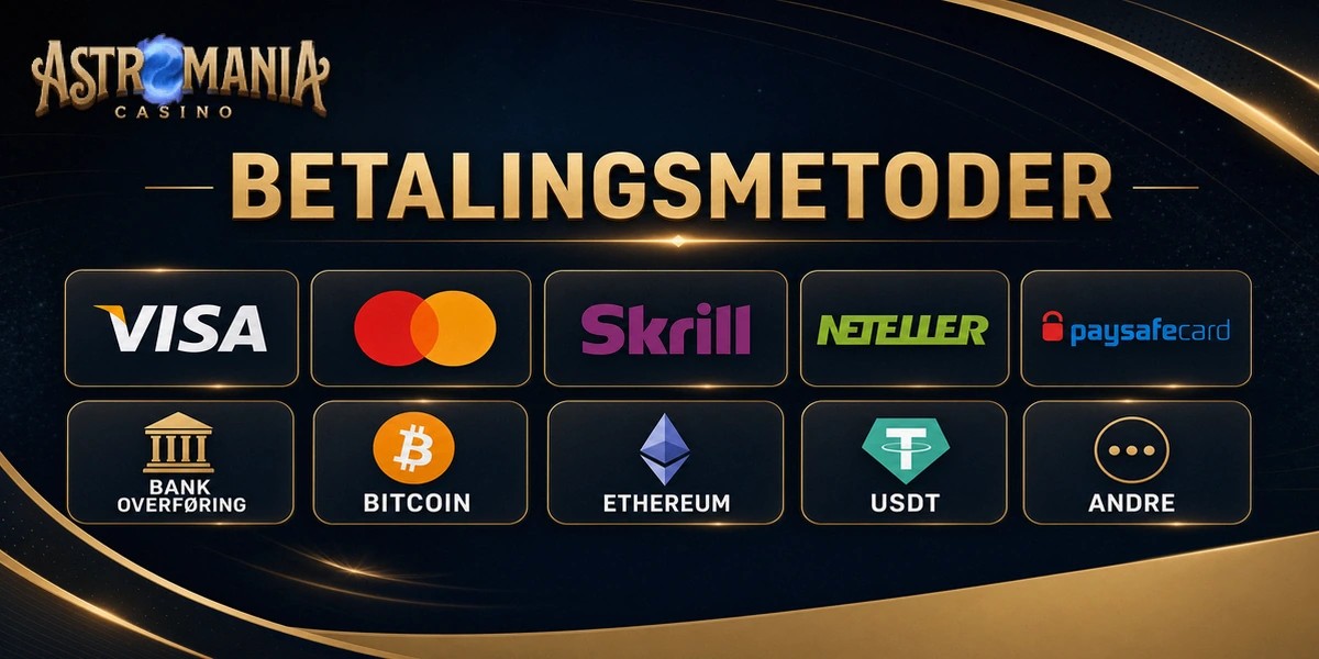 Banner met de geaccepteerde betaalmethoden voor Astromania Casino, gelokaliseerd voor NO